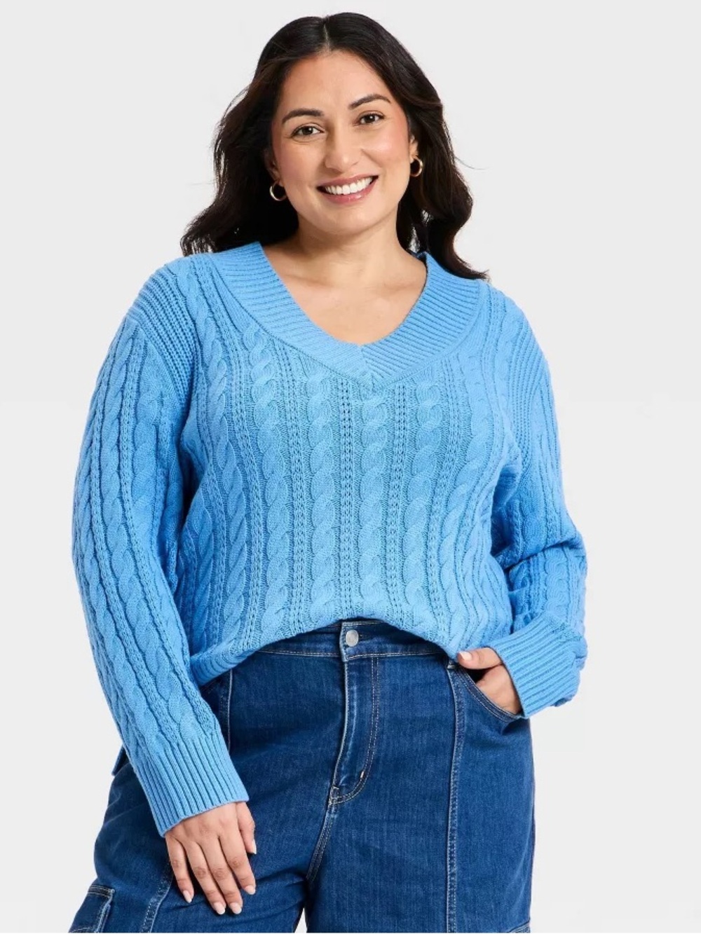 AVA & VIV | Cable Knit V-Neck Blue Sweater - SZ 3X